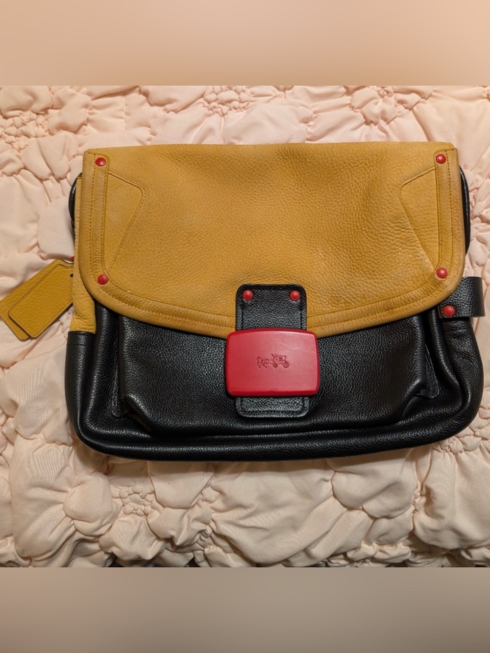 Coach 2014 Vever’s Two-Tone Leather Bag in Mustard, Black & Red